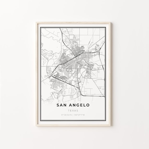 San Angelo Texas Minimalist Black and White City Map Art Poster