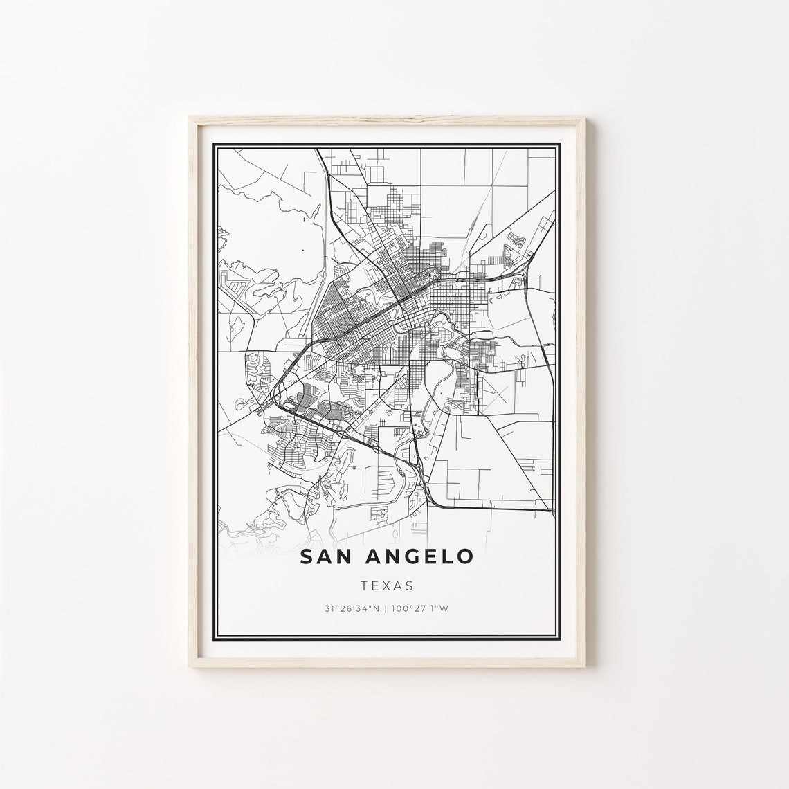 San Angelo Texas Minimalist Black and White City Map Art Poster