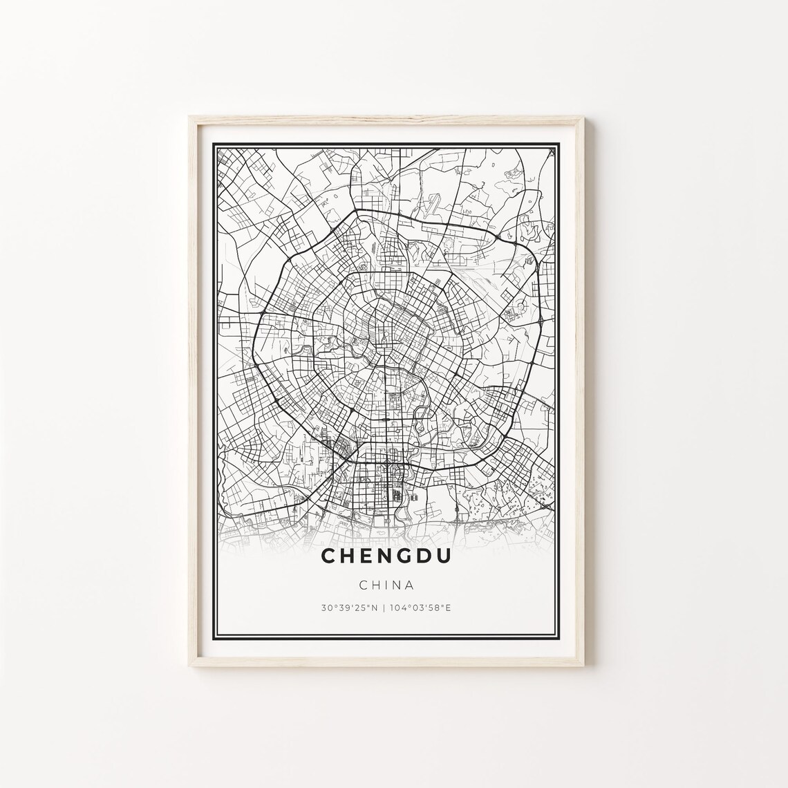 Chengdu City Map Art Print, Modern Black And White