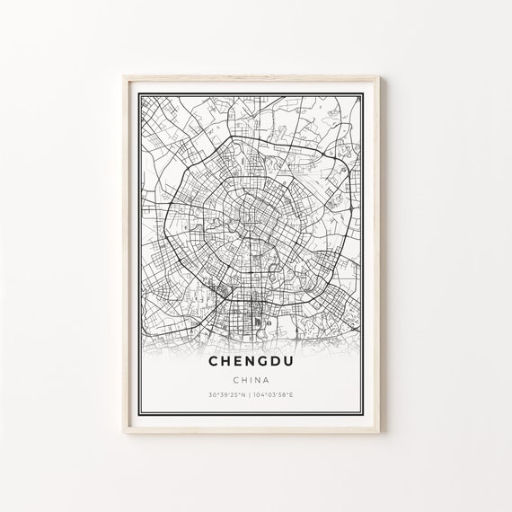 Chengdu City Map Art Print, Modern Black And White