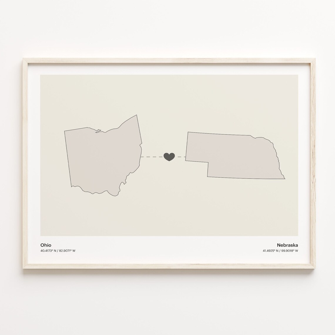 Ohio And Nebraska Long Distance Love Minimalist Heart Map Poster