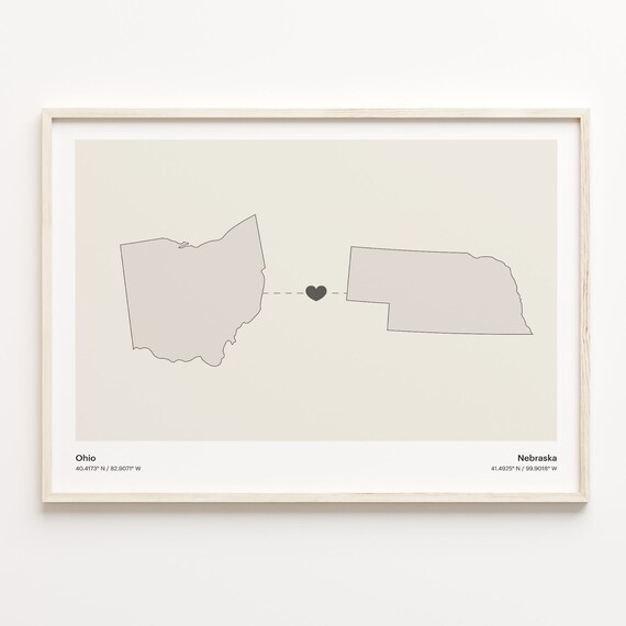 Ohio And Nebraska Long Distance Love Minimalist Heart Map Poster