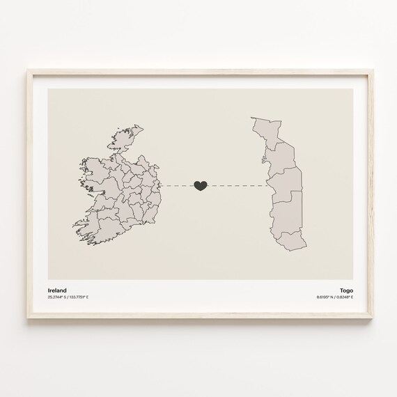 Ireland to Togo Heart Map Long Distance Love Art Gift Poster