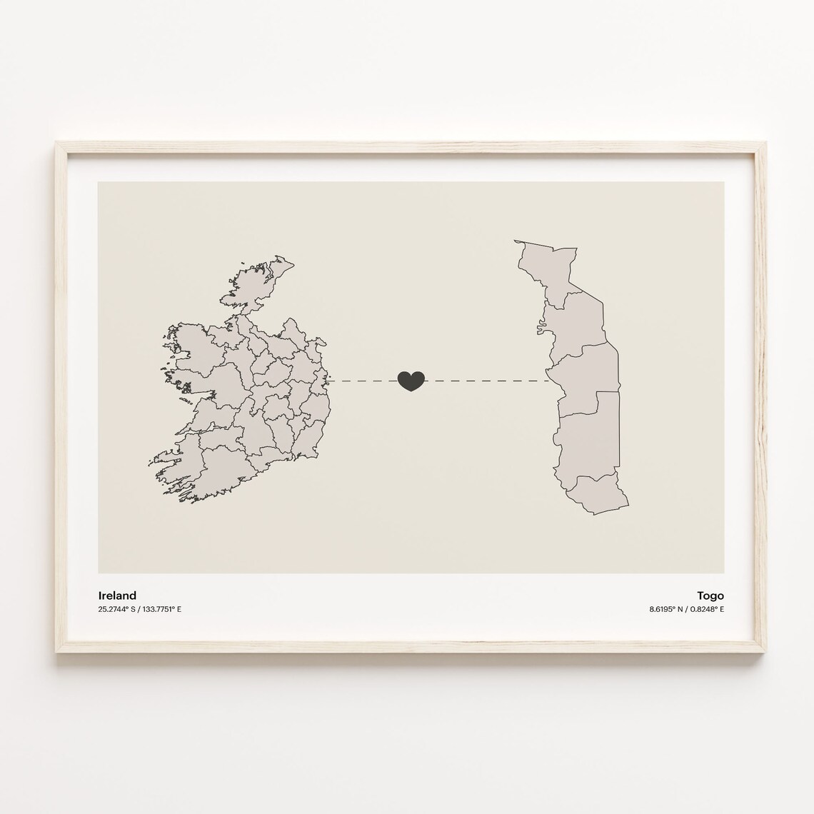 Ireland to Togo Heart Map Long Distance Love Art Gift Poster