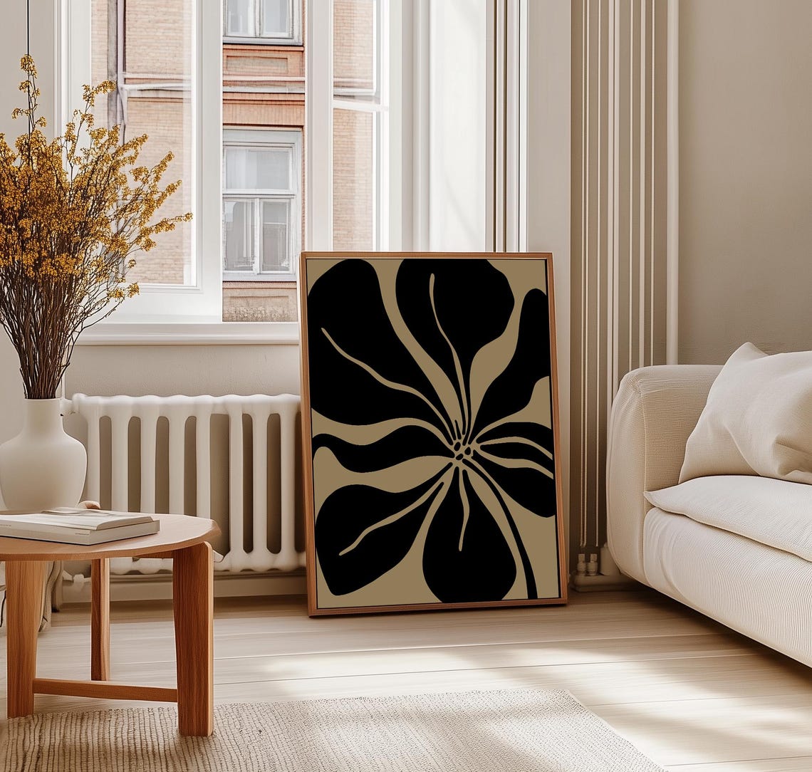 Bold Black Poppy Flower Beige Abstract Modern Floral Art Poster