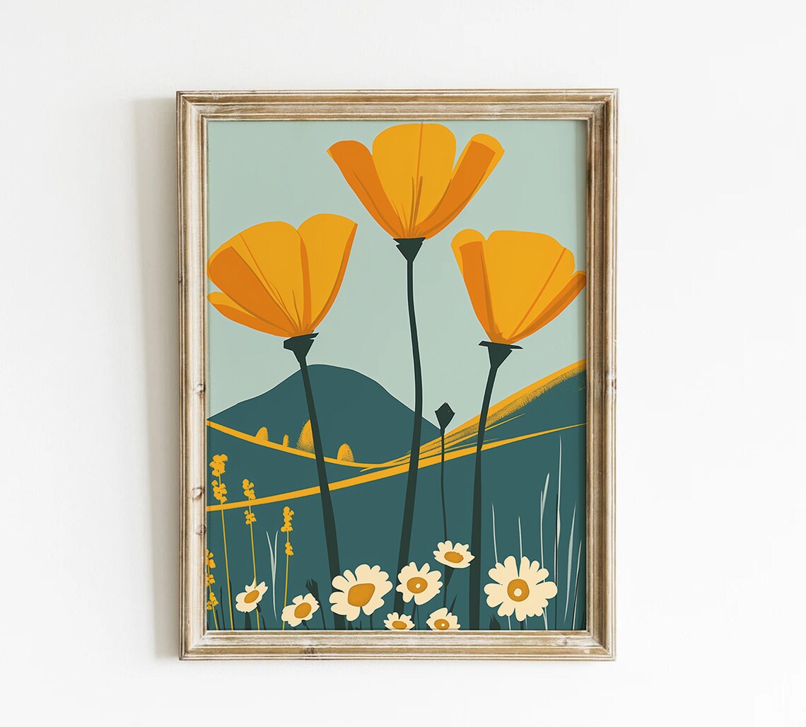 California Poppies Daisy Field Green Hills Retro Travel Poster - Image 2
