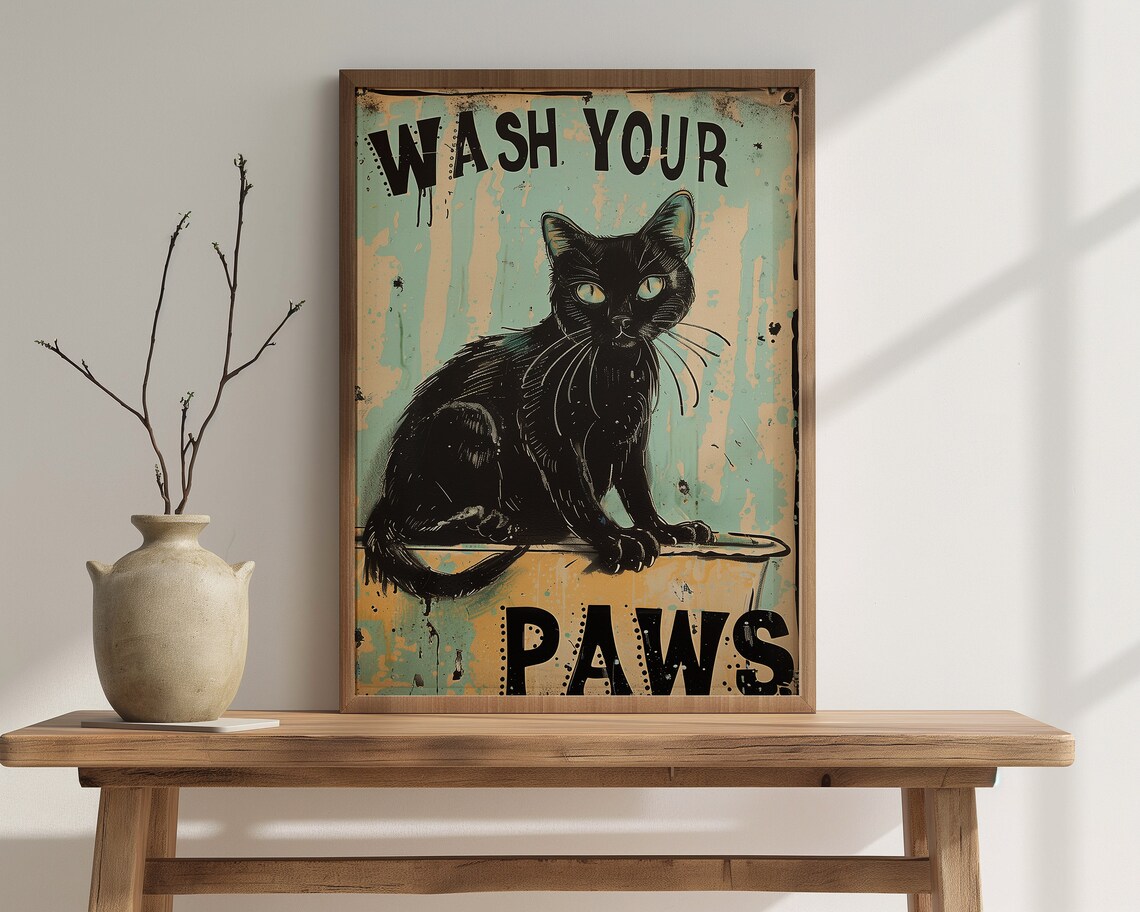 Cat Bathroom Art, Wash Your Paws Funny Print - Image 4
