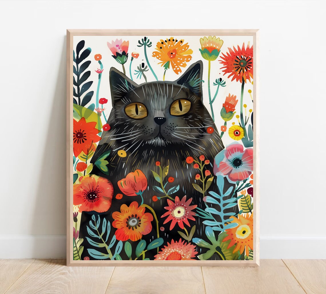 Black Cat Floral Art Print, Cat And Poppies - Image 4