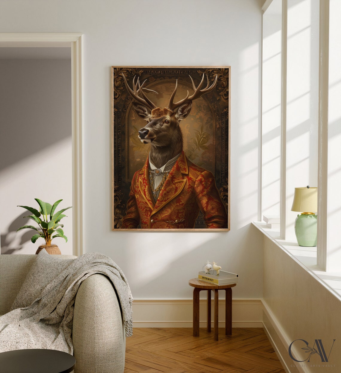 Gentleman Stag Renaissance Portrait Red Brocade Coat Animal Poster - Image 2