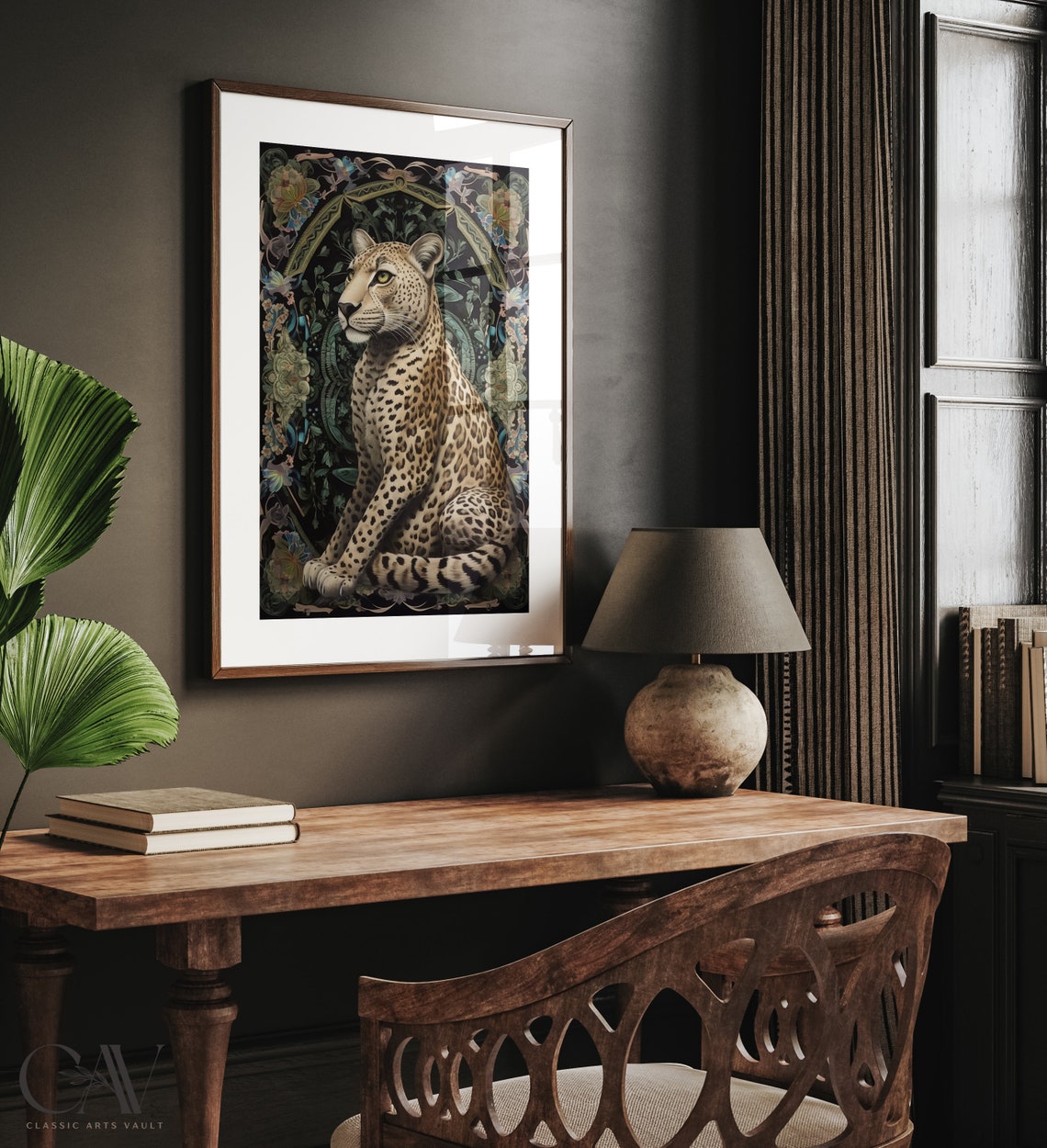Cheetah Seated in Ornate Botanical Arch on Dark Moody Art Print - Image 2