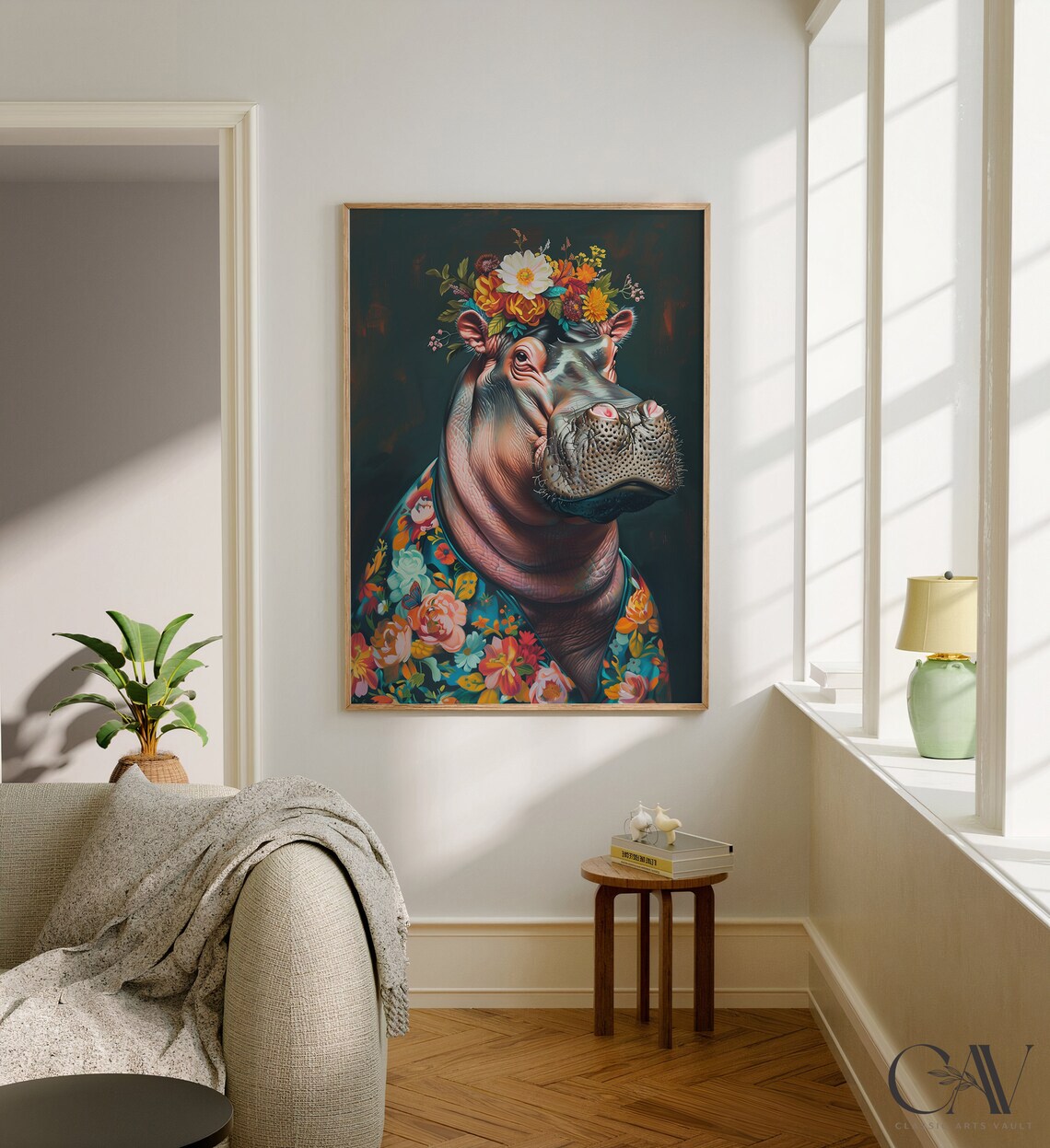 Hippo with Flower Crown in Vibrant Floral Robe Dark Botanical Portrait Poster - Image 2