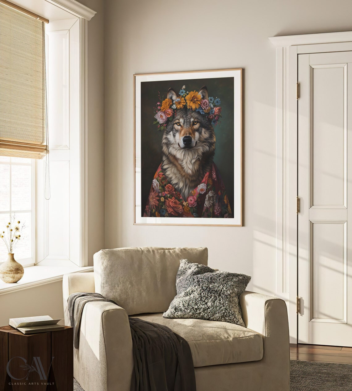 Wolf Flower Crown Red Floral Robe Maximalist Animal Wall Art - Image 2