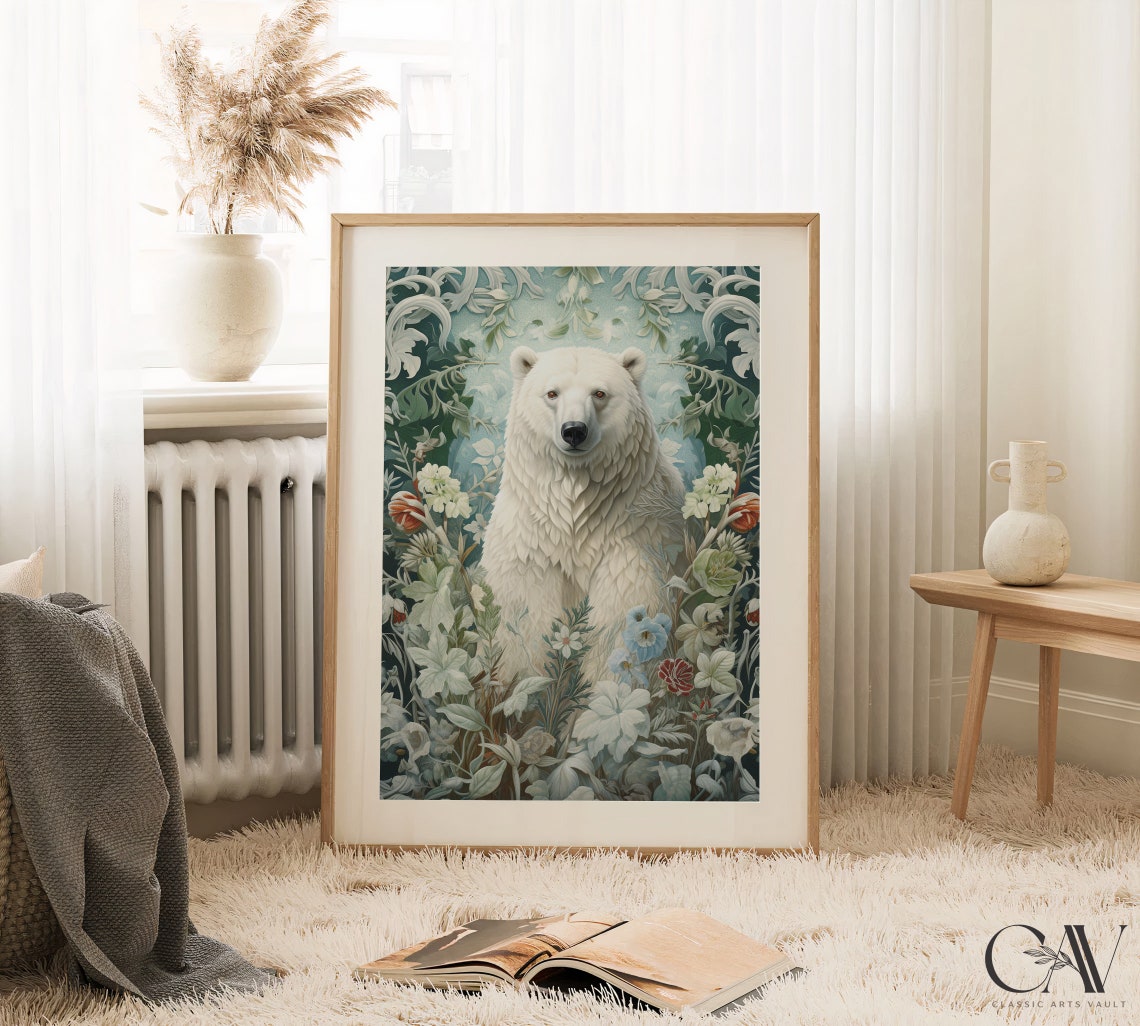 Polar Bear Among Frosted Winter Botanicals in Icy Blue Art Print