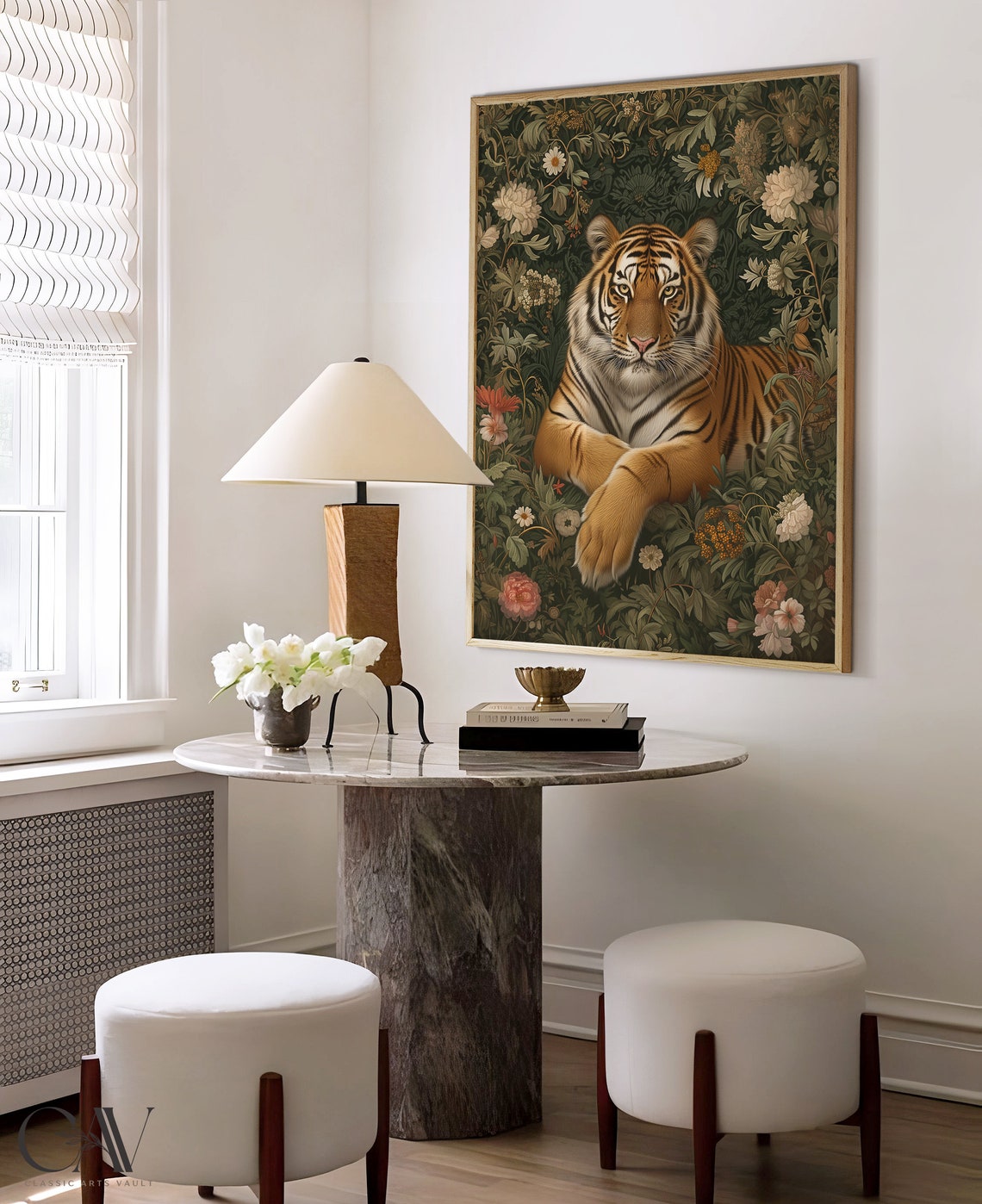 Tiger Reclining Dark Floral Botanical Vintage Jungle Art Poster - Image 4