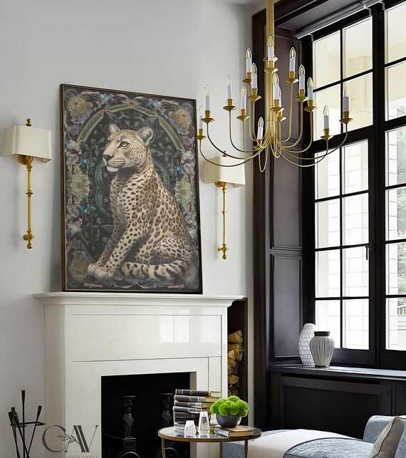 Cheetah Seated in Ornate Botanical Arch on Dark Moody Art Print