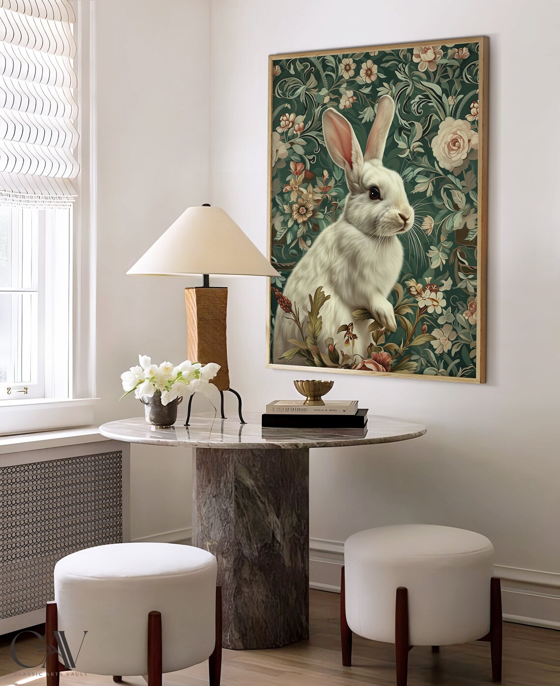Sweet White Rabbit Portrait on Dark Green Floral Damask Poster - Image 4