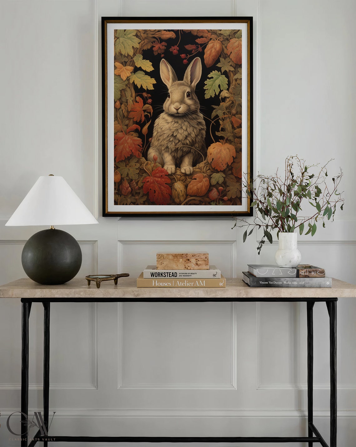 Soft Rabbit in Autumn Leaves Wreath Dark Fall Botanical Poster - Image 3
