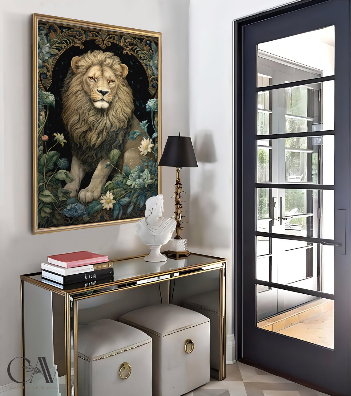 Majestic Lion Amid Dark Floral Foliage Vintage Botanical Wildlife Poster - Image 4