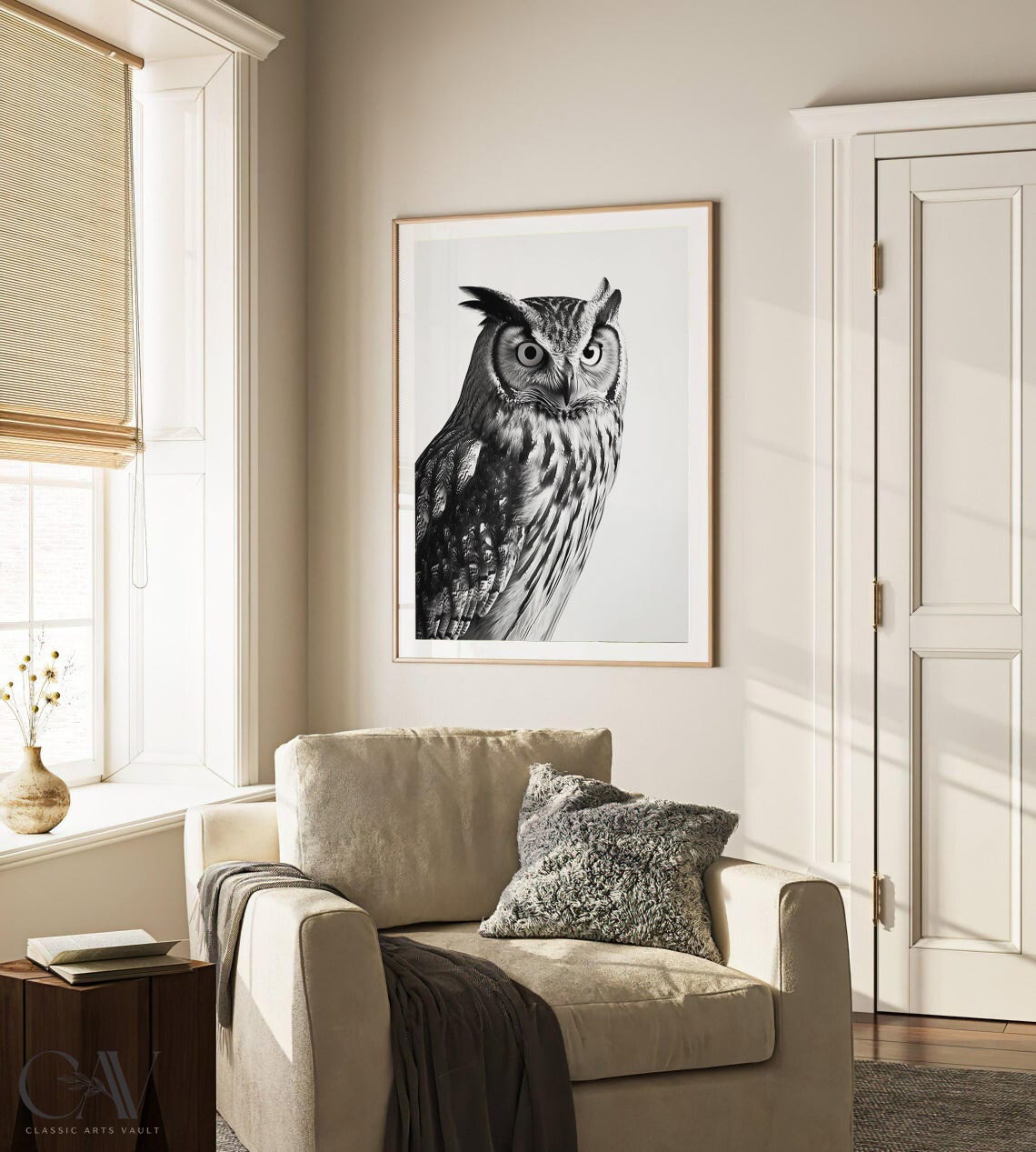 Long Eared Owl Black and White Portrait Photography Wall Poster - Image 2