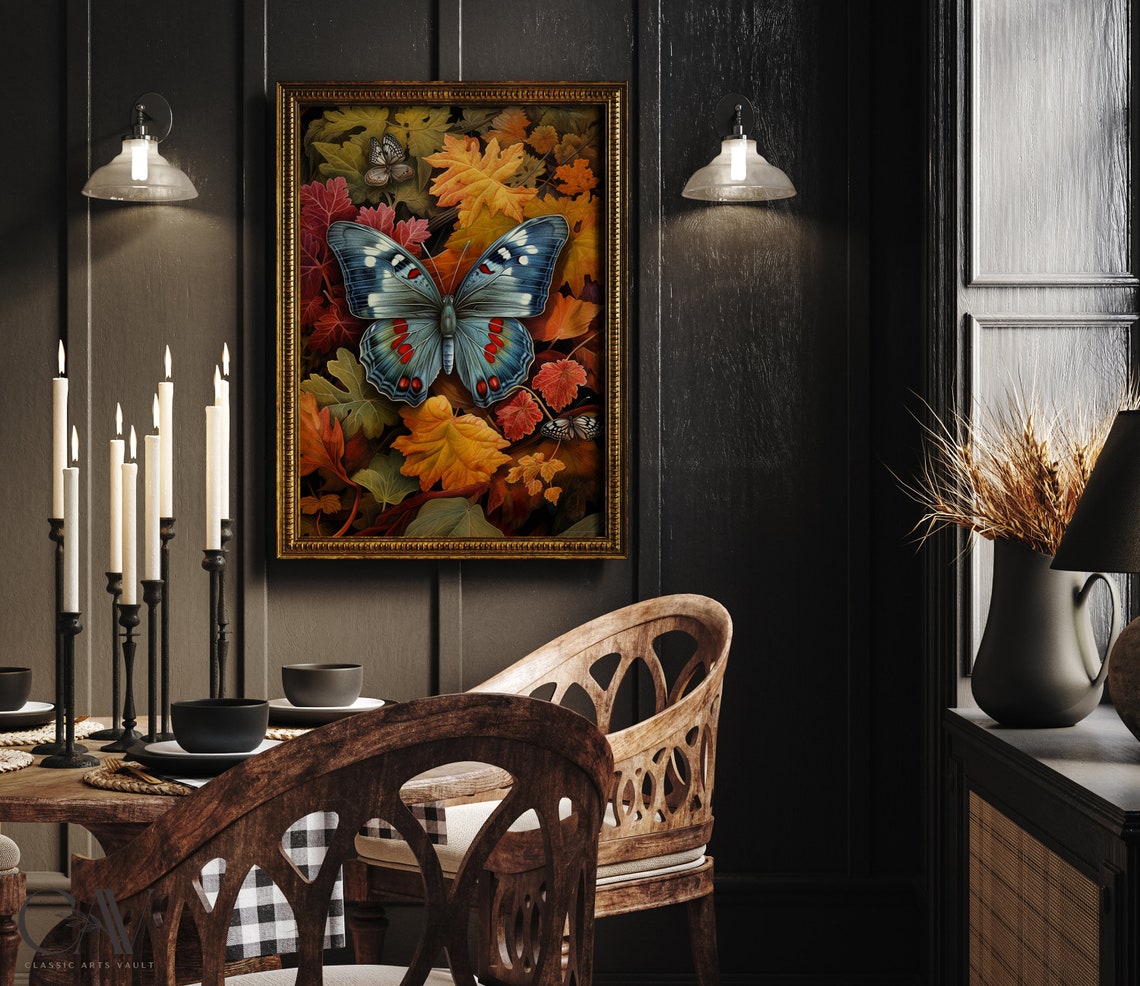 Blue Butterfly Autumn Leaves Vintage Botanical Fall Art Poster - Image 2