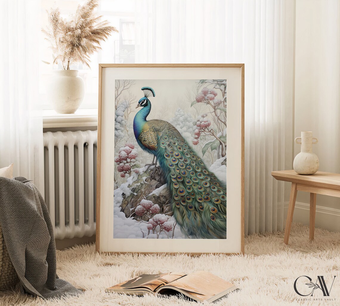 Elegant Peacock Winter Woodland Snowy Berries Floral Wall Art - Image 2