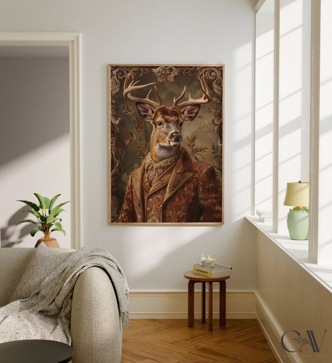 Stag Royal Renaissance Portrait Antlered Deer Brocade Jacket Wall Art - Image 3