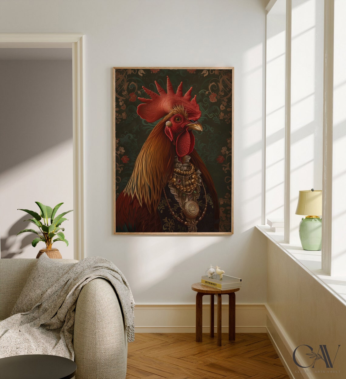 Rooster Royal Renaissance Portrait Pearl Necklace Brocade Wall Art - Image 3