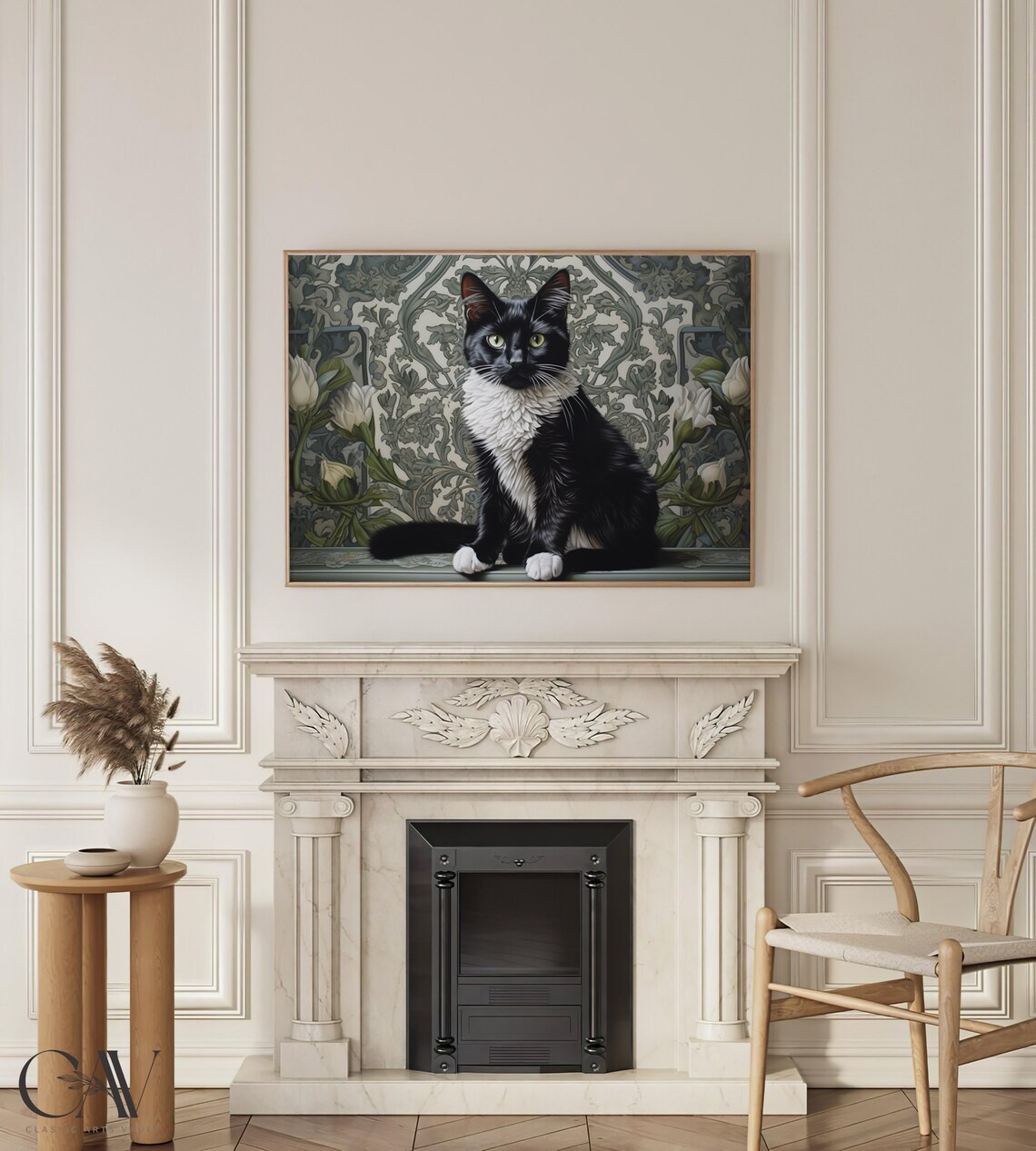 Tuxedo Cat Art Nouveau Floral Portrait Elegant Animal Poster - Image 4