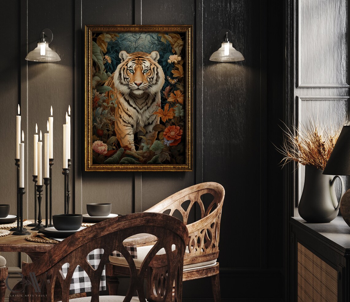 Majestic Tiger Portrait In Lush Autumn Garden With Butterflies Poster - Image 2