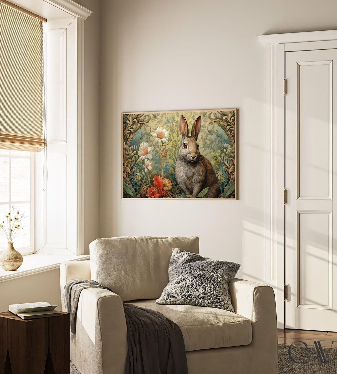 Rabbit Sitting Among Blooming Flowers in Art Nouveau Botanical Frame Poster - Image 3