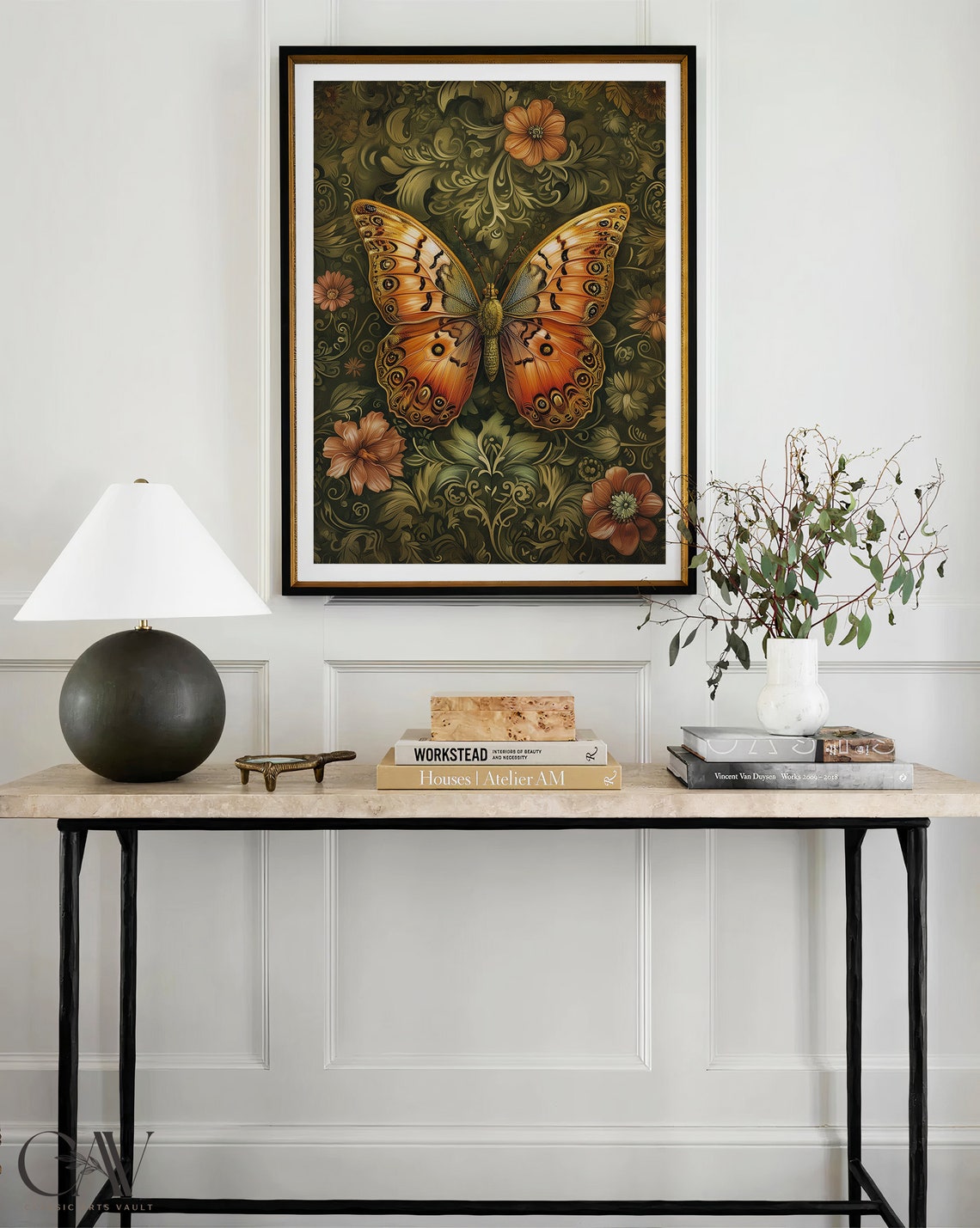 Orange Butterfly Vintage Olive Damask Floral Garden Art Poster - Image 4