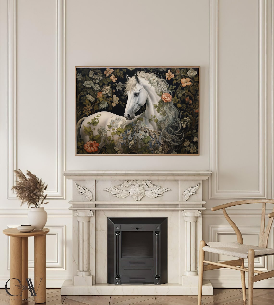 White Horse Floral Garland Dark Botanical Vintage Art Poster - Image 3