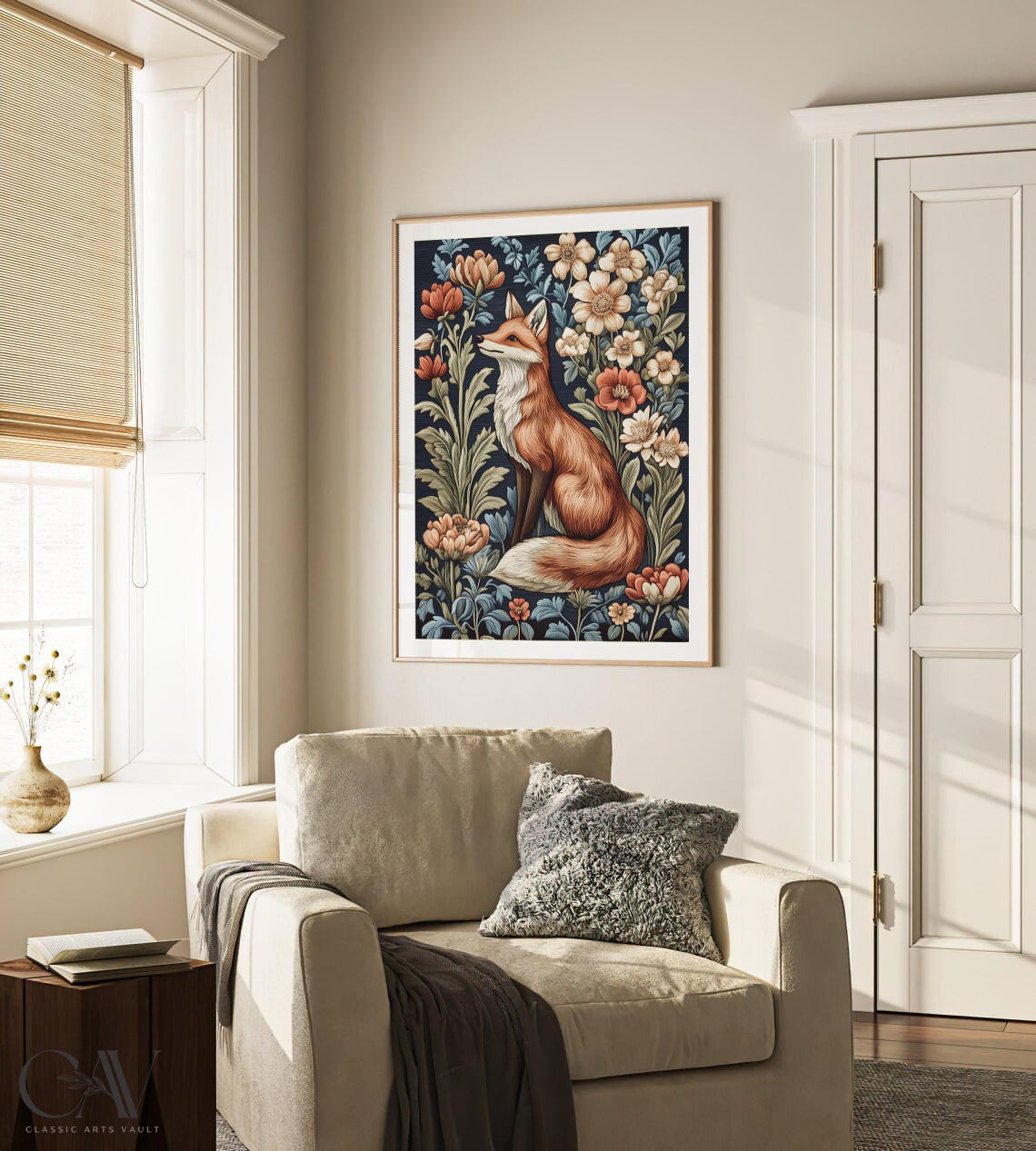 Red Fox Sitting Among Coral Flowers on Dark Navy Botanical Poster - Image 4