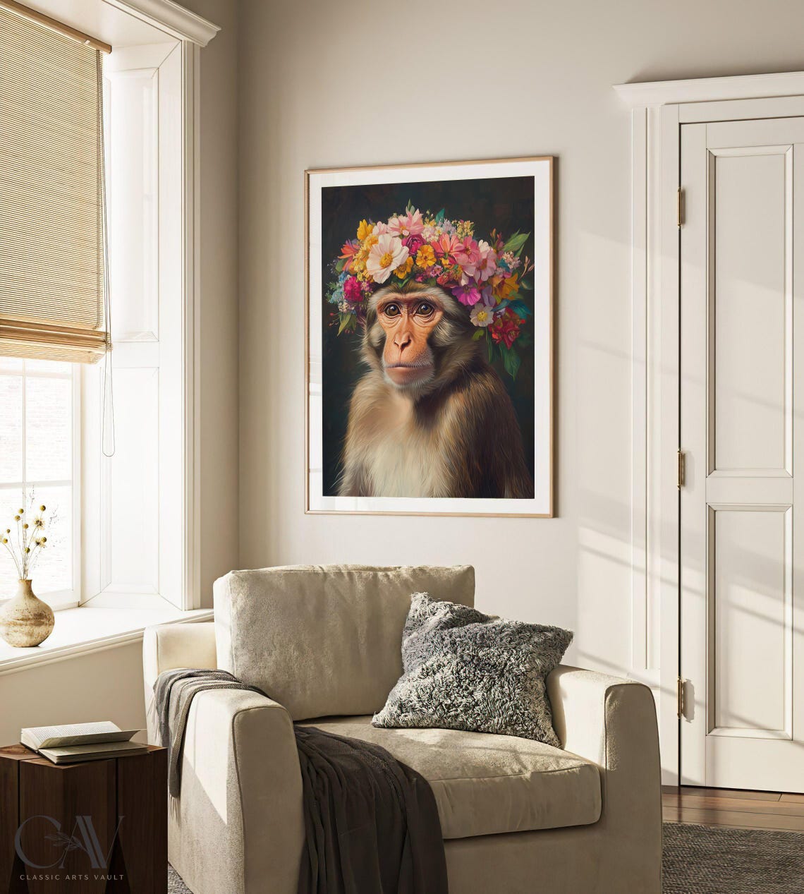 Monkey Portrait With Bright Wildflower Crown on Dark Art Poster - Image 2