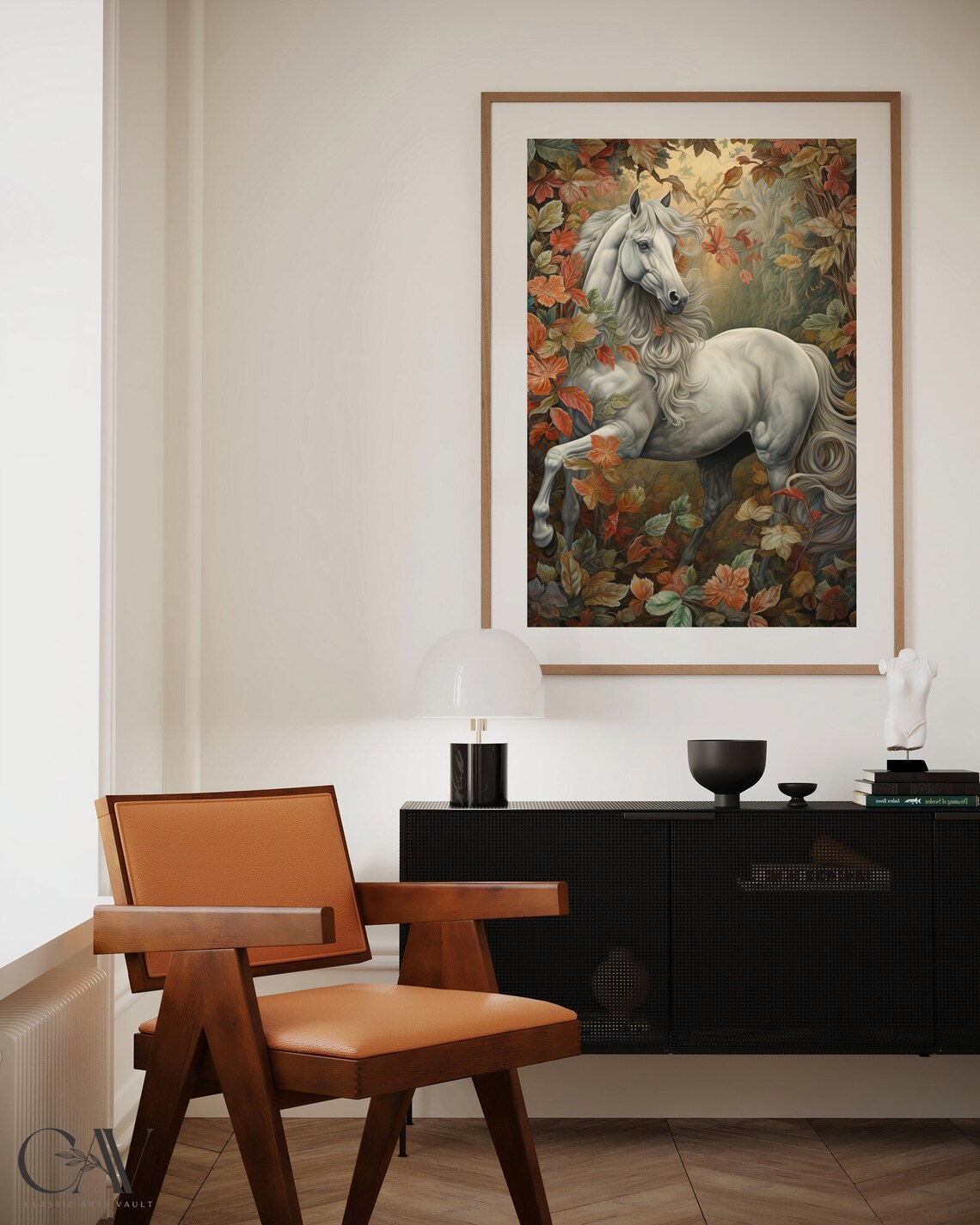White Horse Rearing Among Golden Autumn Leaves Vintage Poster - Image 5