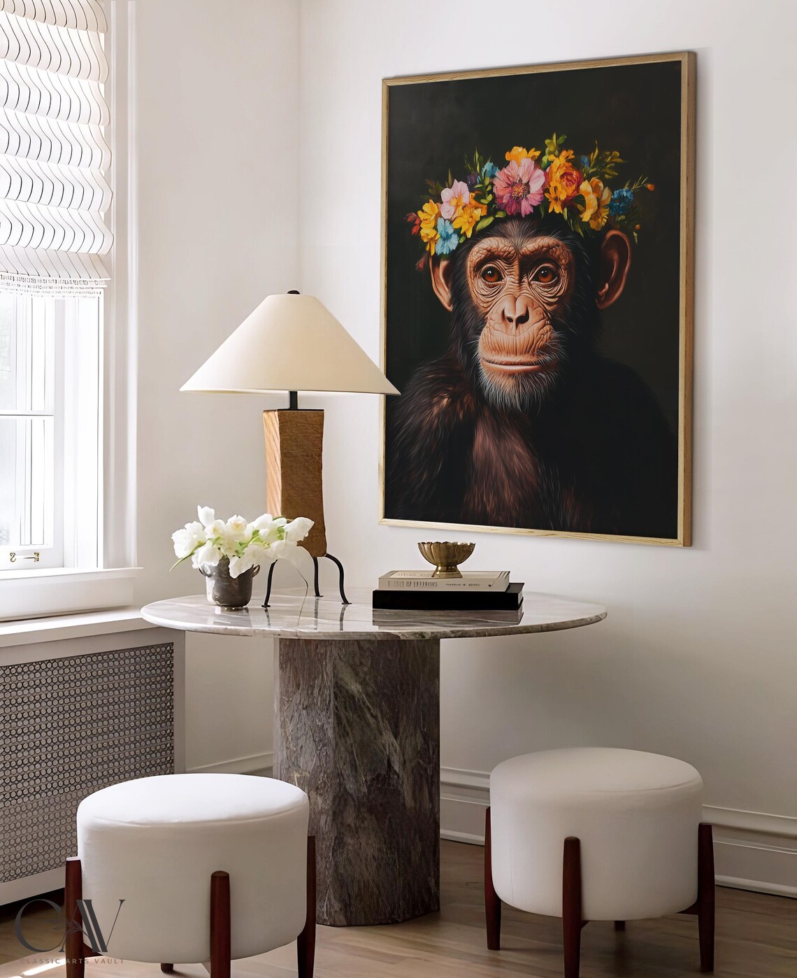 Young Chimpanzee Wearing Pastel Floral Crown Dark Portrait Poster - Image 4