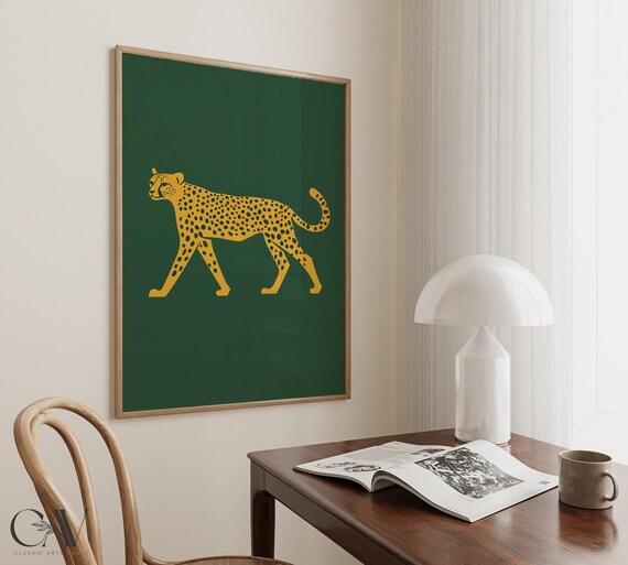 Modern Gold Cheetah Silhouette On Deep Green Minimalist Poster