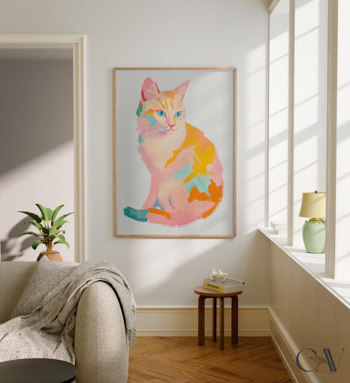 Pastel Rainbow Cat Painting Colorful Modern Pet Portrait Wall Art - Image 2