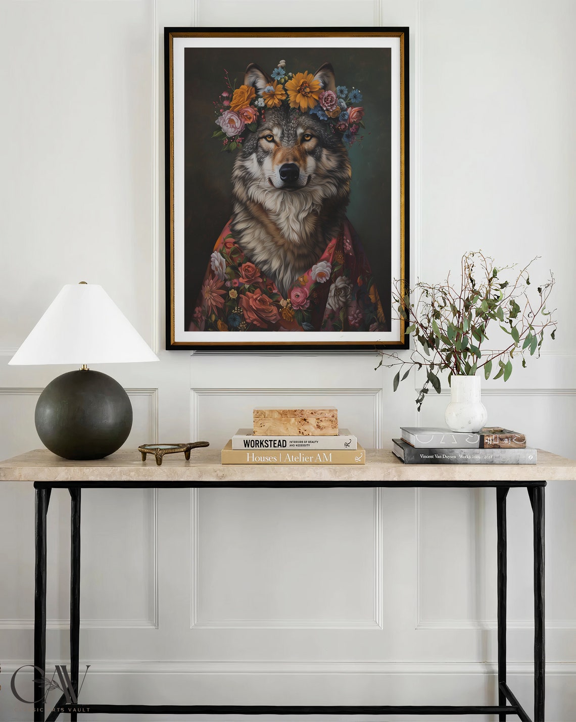 Wolf Flower Crown Red Floral Robe Maximalist Animal Wall Art - Image 3
