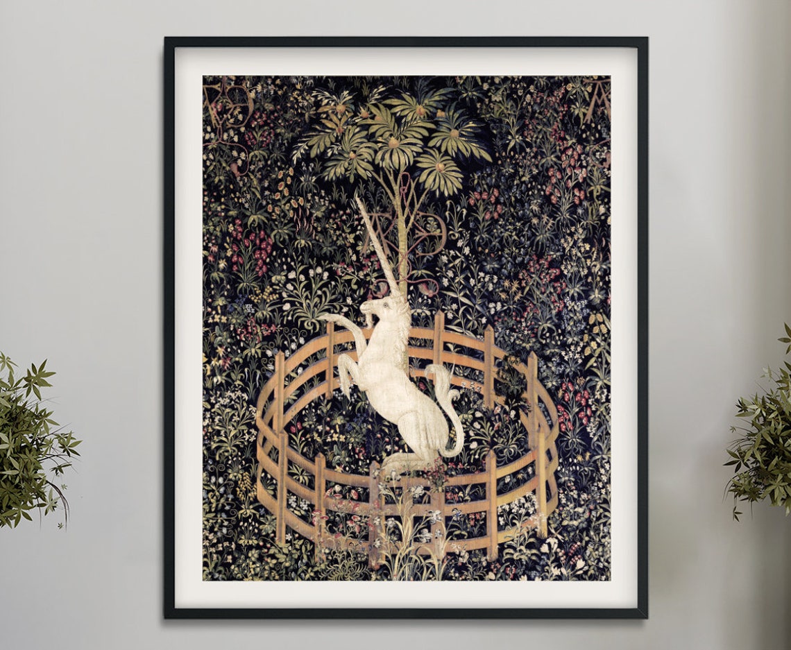 Medieval Unicorn Floral Art Print, Green Background - Image 2