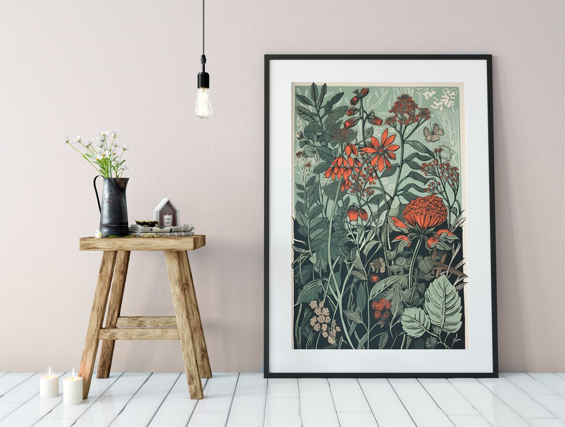 Vintage Bohemian Botanical Floral Wall Art Print