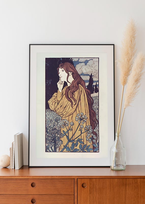Vintage Goddess Meditation Poster, Art Nouveau