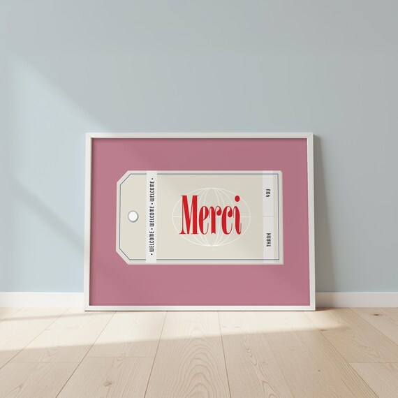 Merci French Quote Print Midcentury Modern Luggage Tag Poster