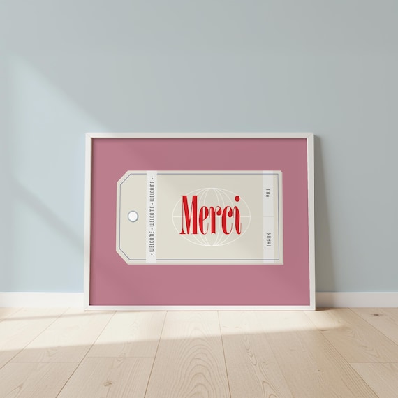 Merci Retro Luggage Tag Midcentury Modern French Quote Poster