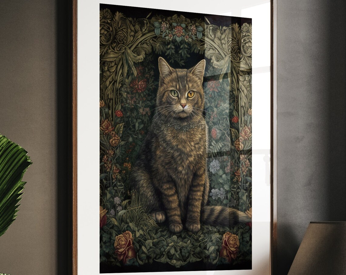 Handsome Tabby Cat Portrait on Dark Vintage Floral Tapestry Poster