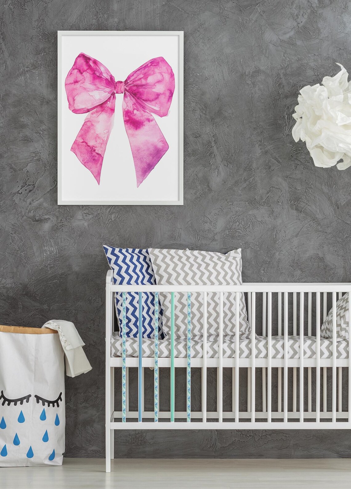 Hot Pink Watercolor Bow On Gray Preppy Girls Wall Decor Poster - Image 2