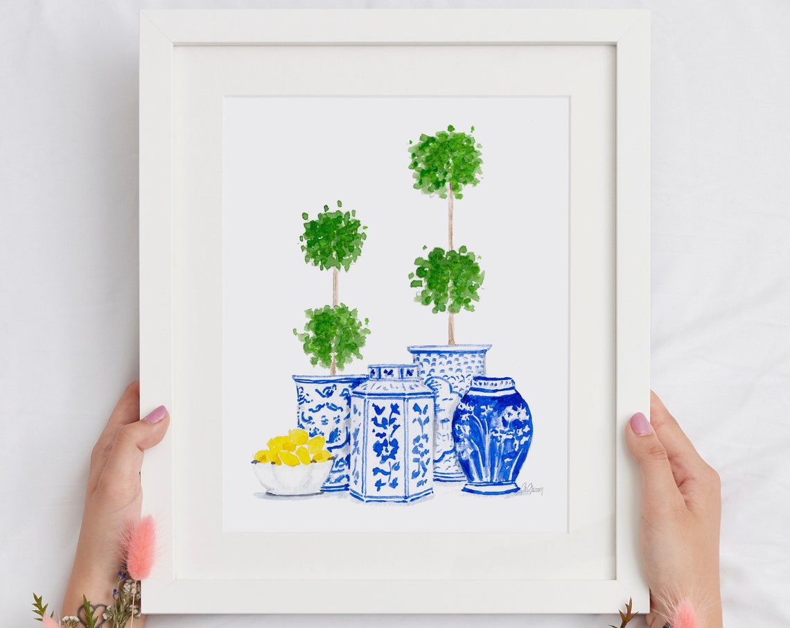 Blue And White Porcelain Ginger Jars Watercolor Print Topiary Lemons