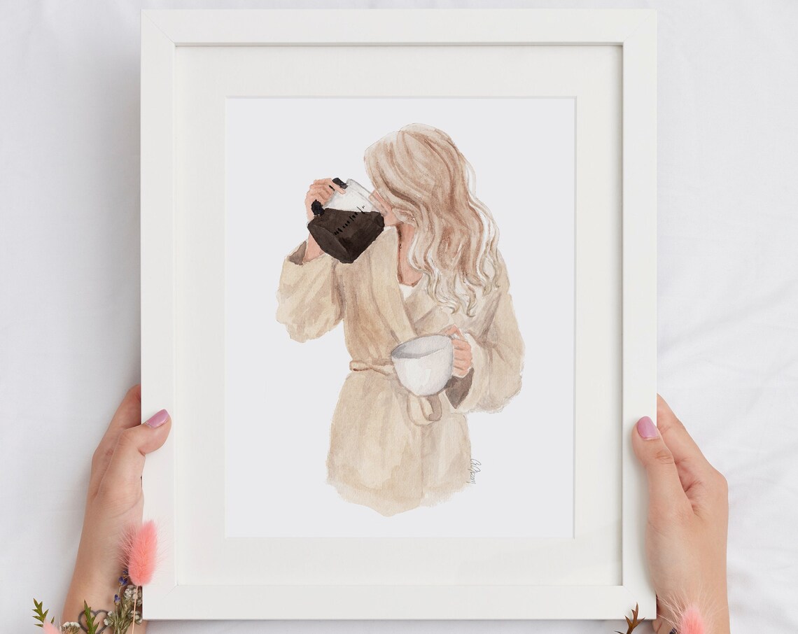 Blonde Coffee Addict Morning Girl Drinking from Pot in Robe Poster - Image 2