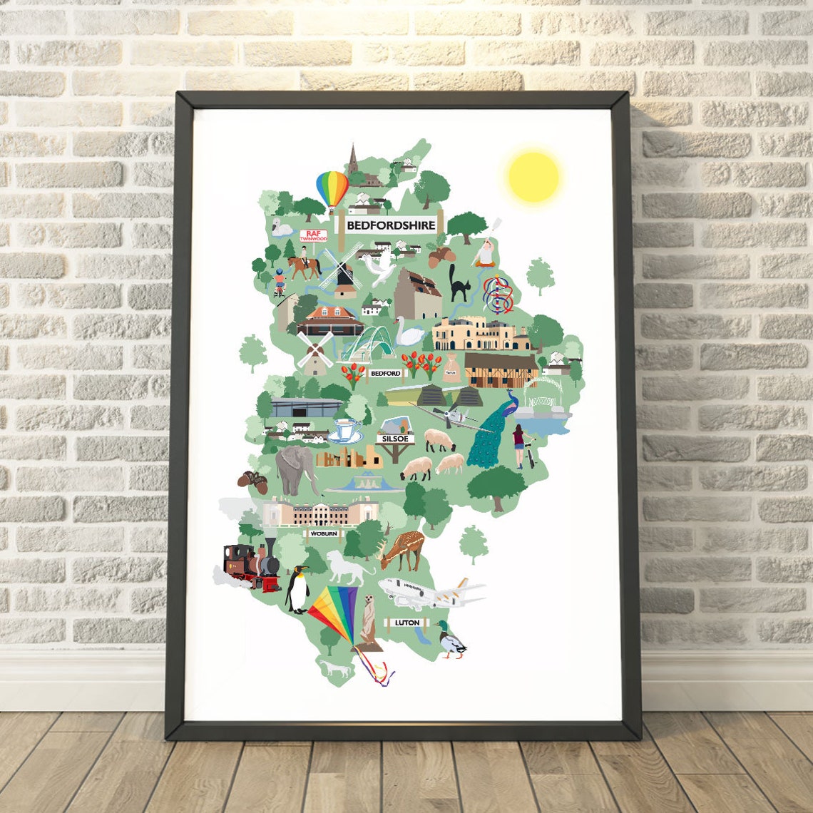 Bedfordshire Colorful Illustrated Sights Map Landmark Travel Poster