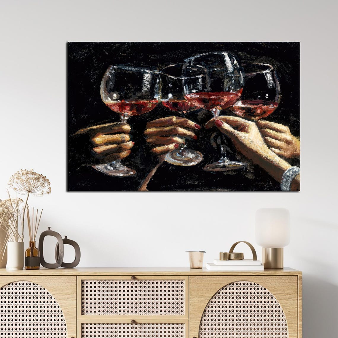 Cheers Toasting Red Wine Glasses Hands Celebration Painting Wall Art